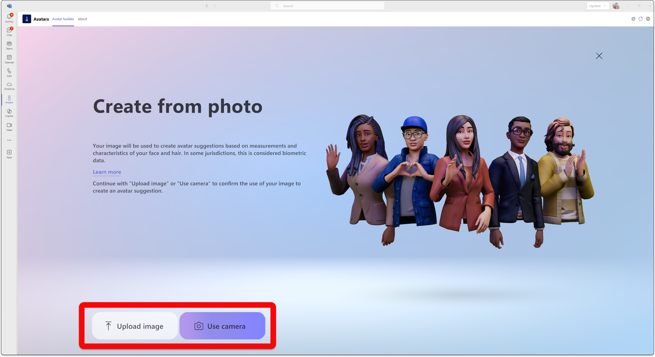 Screenshot of avatars app in teams showing how to create an avatar from an uploaded image or from your computers camera.