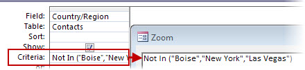To display all contacts not in UK or USA or France, use criteria Not In (Text, Text, Text…)