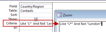 Image of query design using NOT with AND NOT followed by the text to be excluded from search