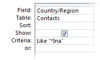 Query designer image showing criteria using folloeing operators, like wildcard in a