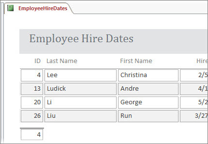 An employee report filtered down to employees whose last names start with L.
