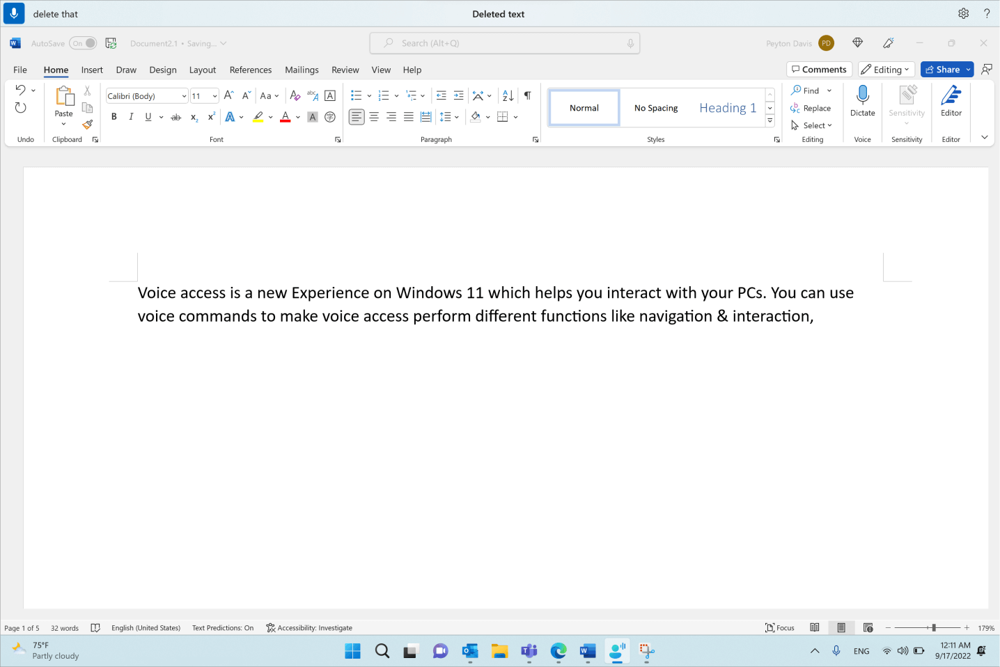 Word document showing the voice access command Delete that.