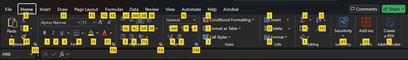 Excel ribbon key tips.