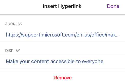 The Insert Hyperlink dialog box in OneNote for iOS showing the link display text Make your content accessible to everyone and its link URL.