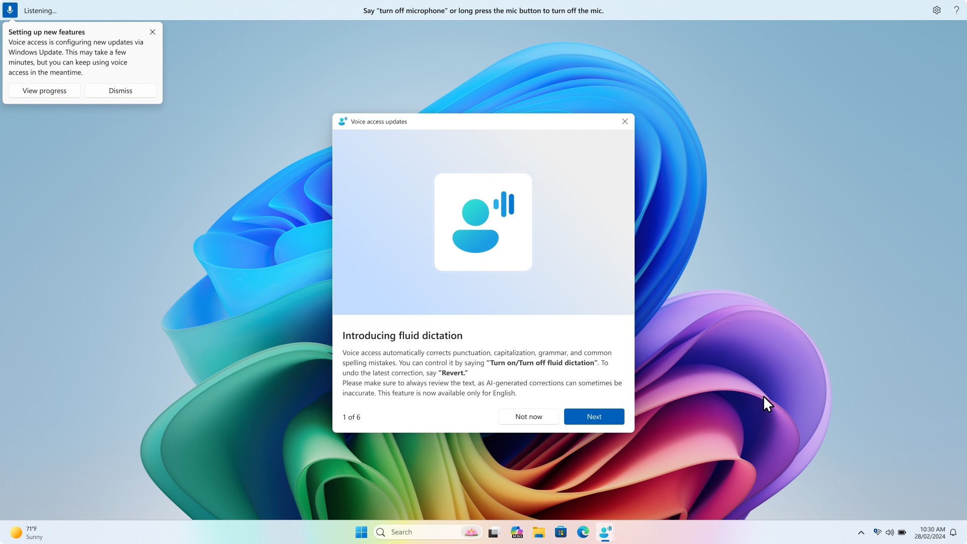 Screen showing a Voice access updates dialog titled Introducing fluid dictation.