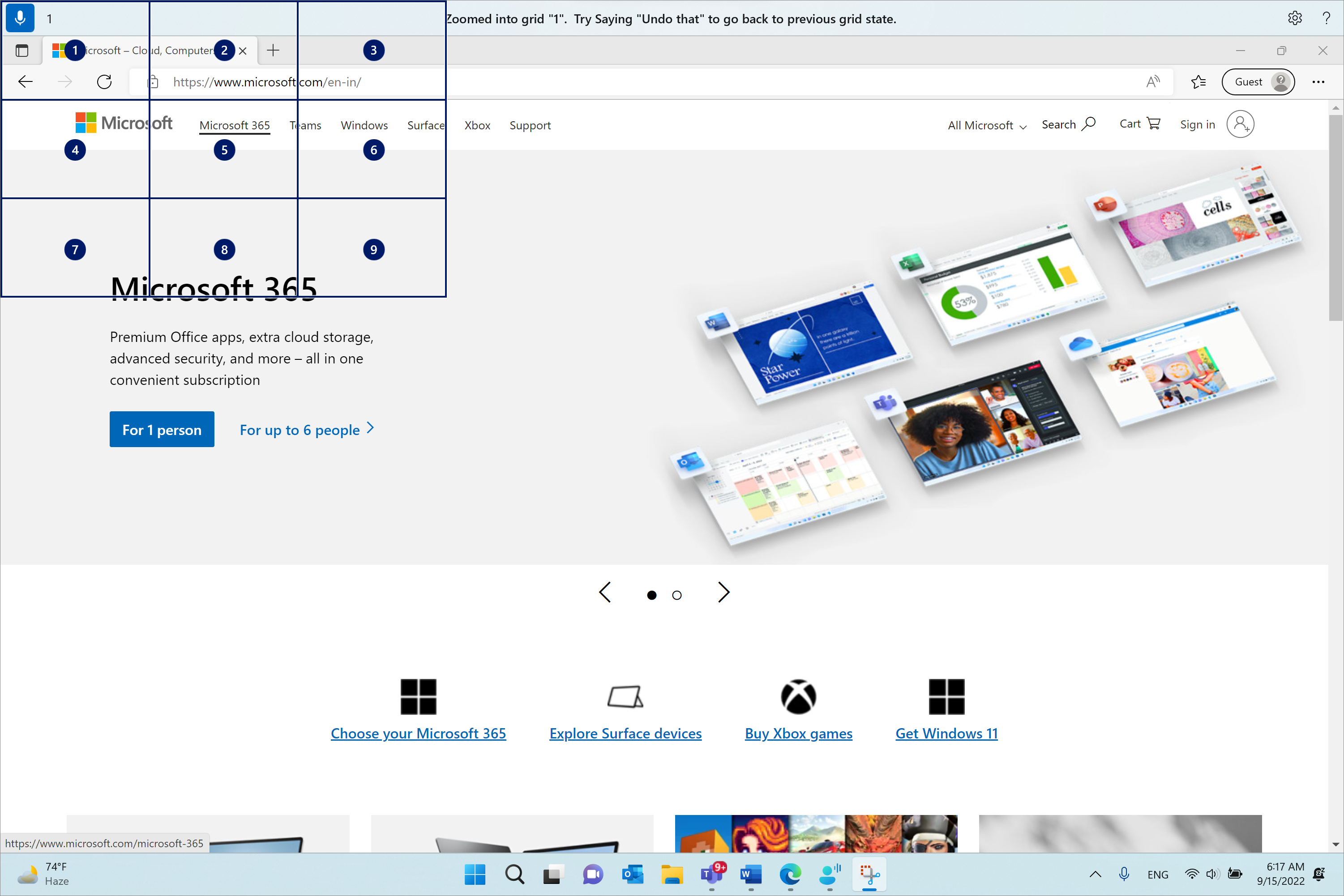 Microsoft Edge is open and on the Microsoft.com page. The voice access bar is on top and in listening state. The command issued is 1 and the feedback displayed is Zoomed into grid 1. Try saying undo that to go back to previous grid state.