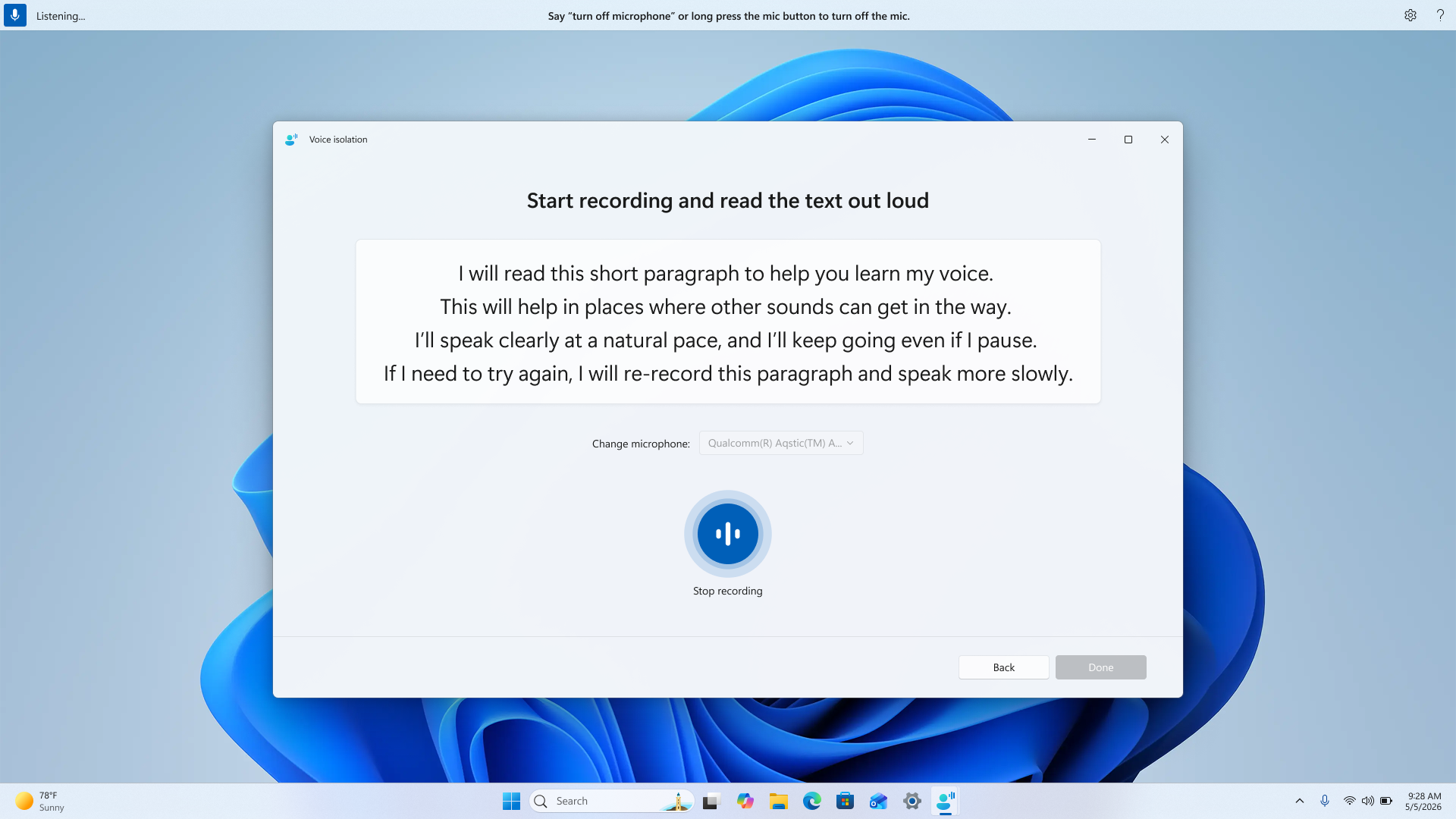 Screenshot showing voice recording interface instructing the user to start recording and speak clearly, with options to adjust the microphone and pause or restart the recording.
