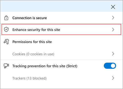 The Microsoft Edge site information menu showing the Enhance security for this site feature.