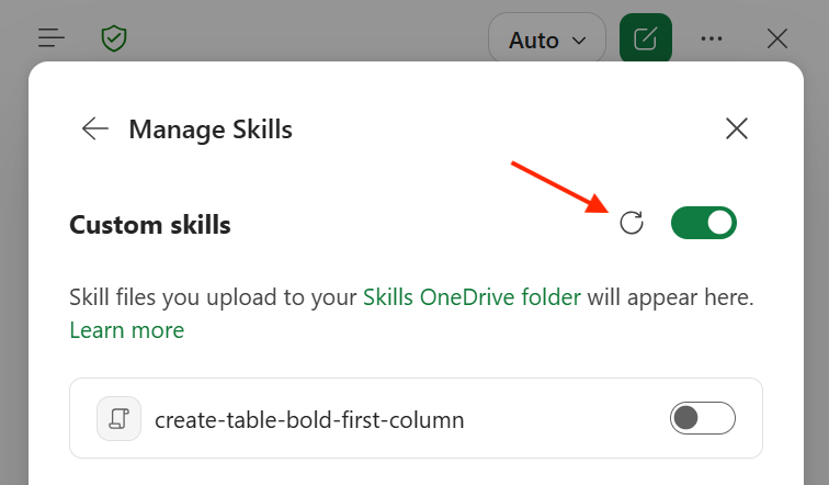 Screenshot of the Copilot in Excel Custom skills dialog with the the Refresh button highlighted.