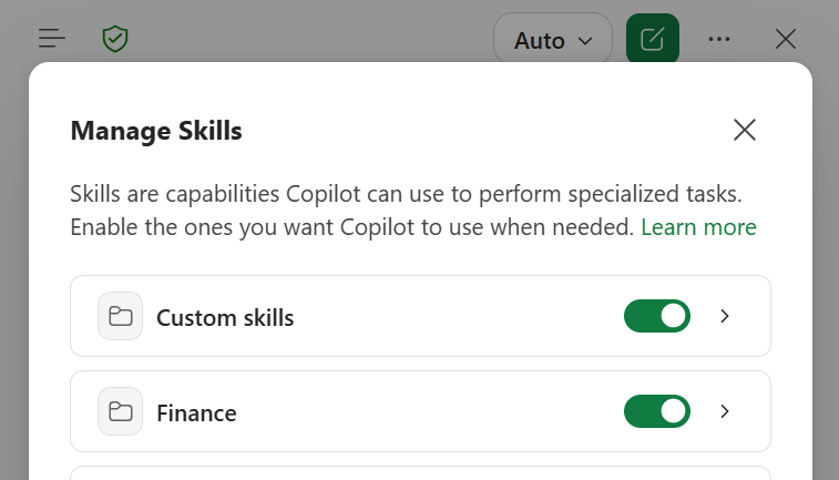 Screenshot of the Copilot in Excel Manage skills dialog.