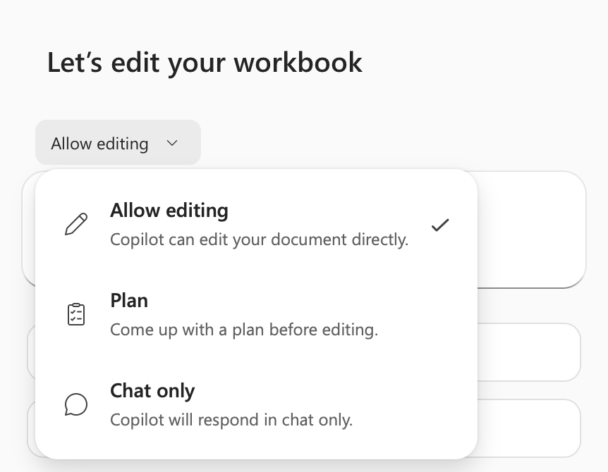Screenshot of the Copilot in Excel mode options menu.