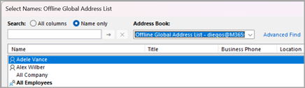 Search the Global Address List for the contact youd like to send an email to. Select their name, and then select To, Cc, or Bcc to add their names to that field. Select OK.