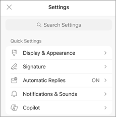 Shows the Settings on a mobile device, with Copilot listed under Quick Settings.