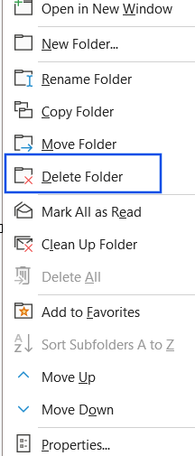 Screenshot of the Delete Folder option selected in the navigation pane.