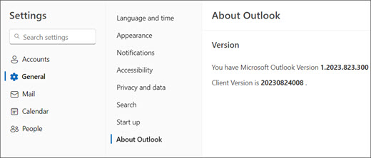 Image of new Outlook for Windows version information with General and About Outlook highlighted.