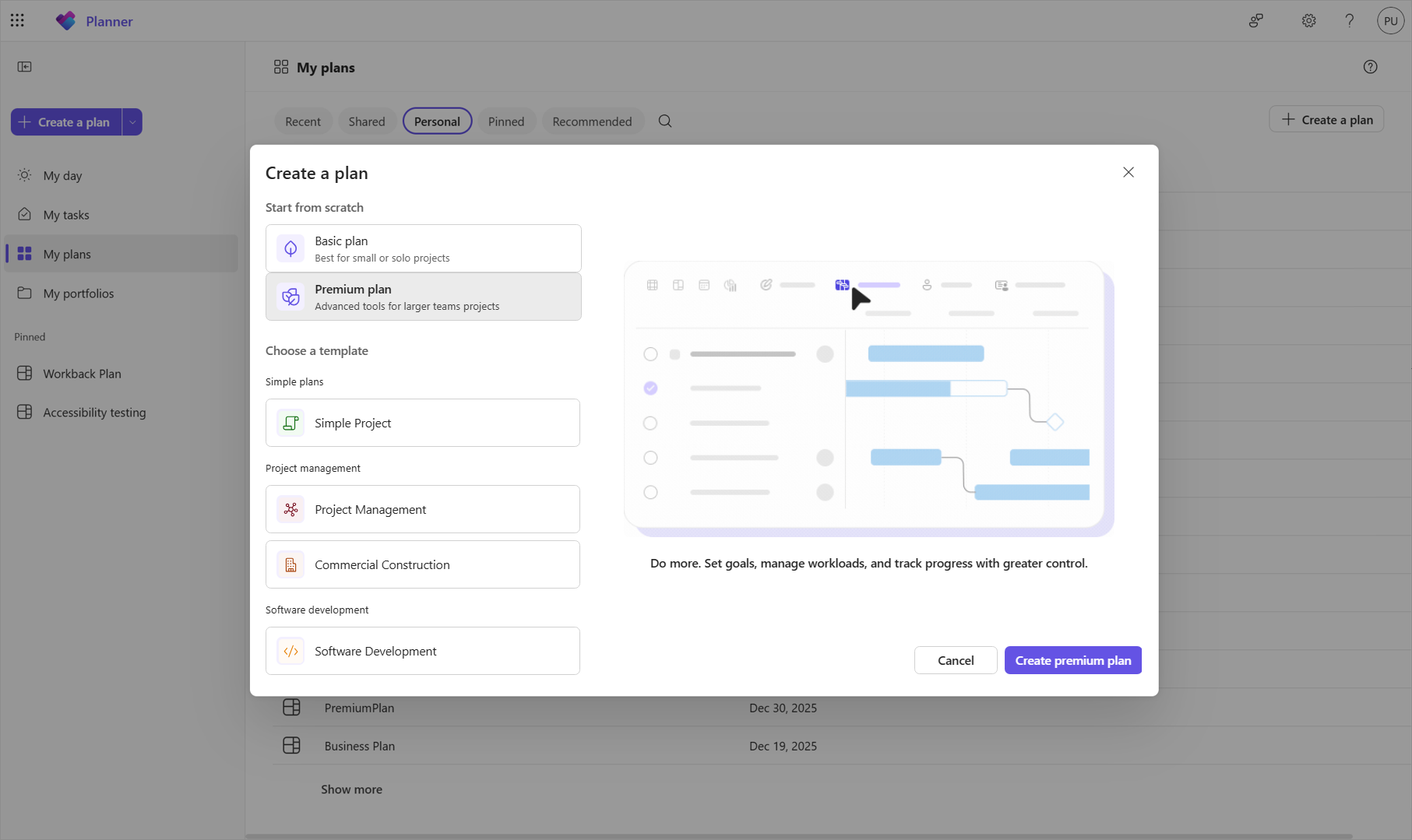 A screenshot of Planner for the web shows the My Plans view with the Create a plan window open and the Premium plan option selected.
