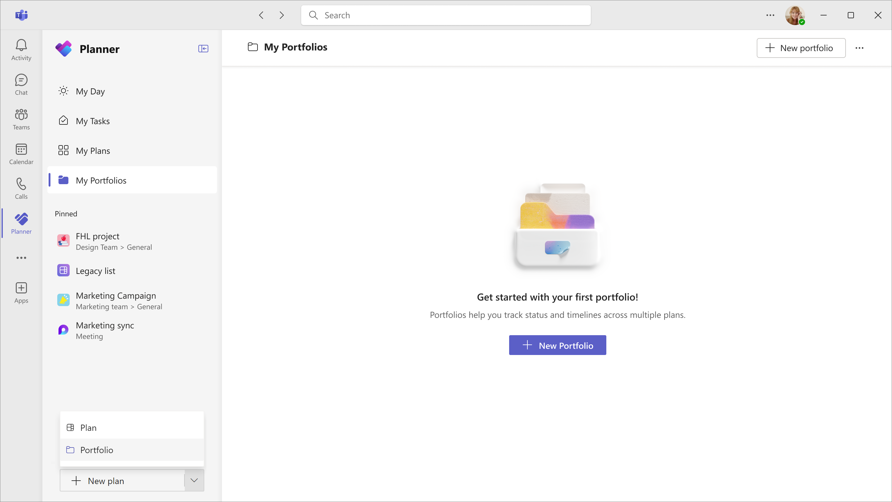 A screenshot of Planner in Teams displaying the new My Portfolios tab with a message that reads, Get started with your first portfolio!