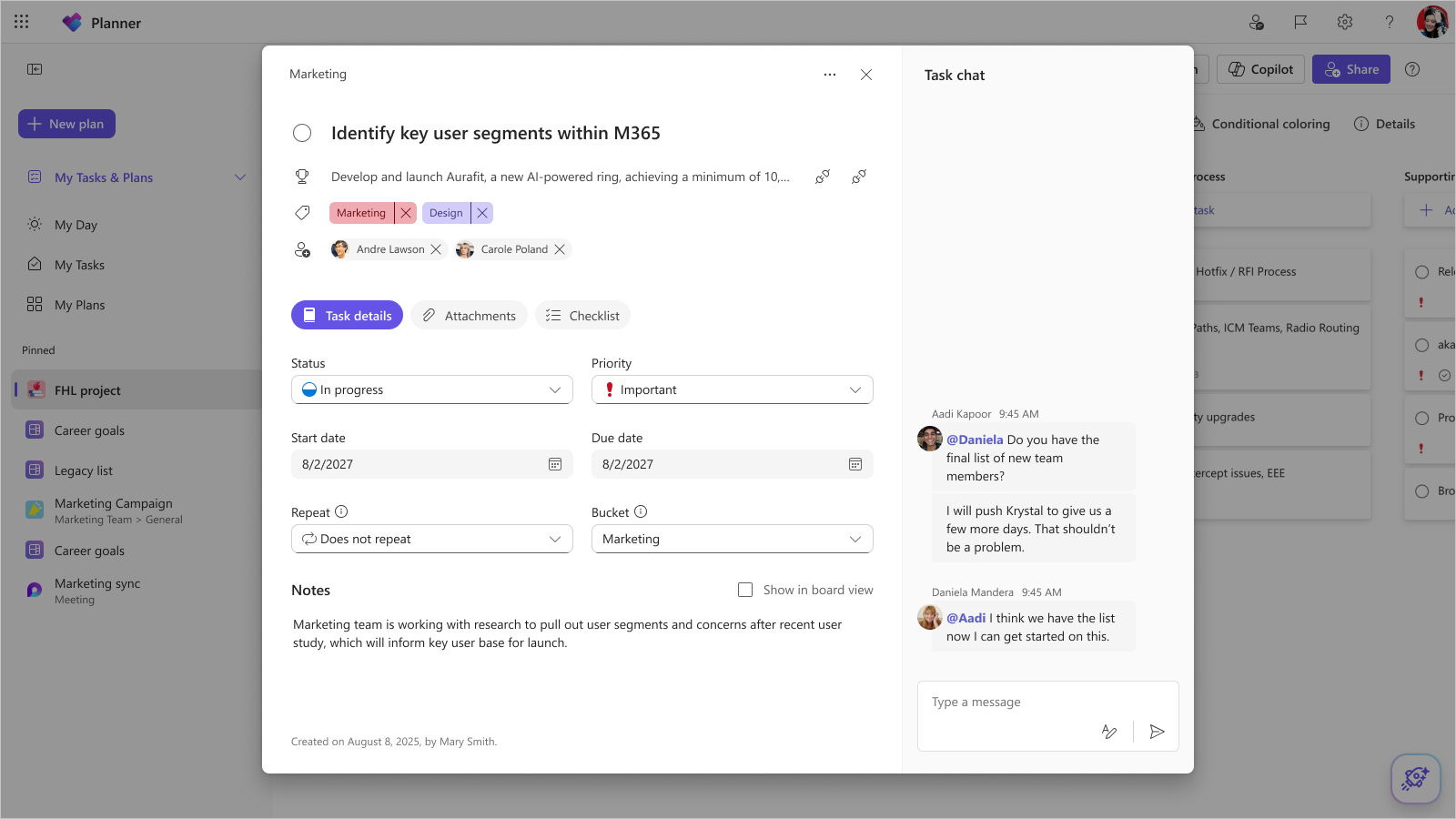 A screenshot of a task card in Planner for the web shows the Task chat pane to the right of the task details. Two plan members are chatting about the task using at mentions.