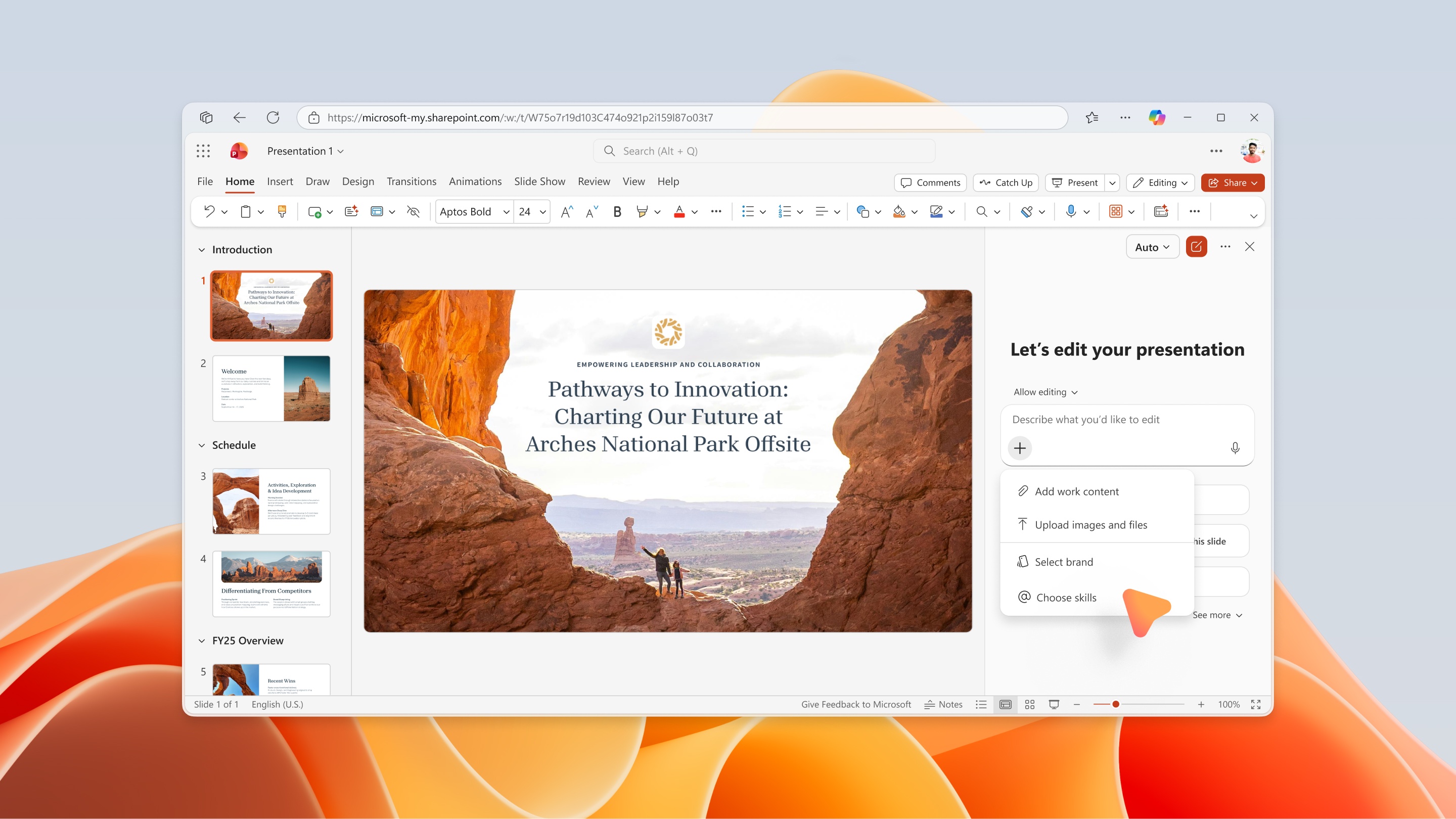 Screenshot that shows opening the Skills menu in PowerPoint Copilot.