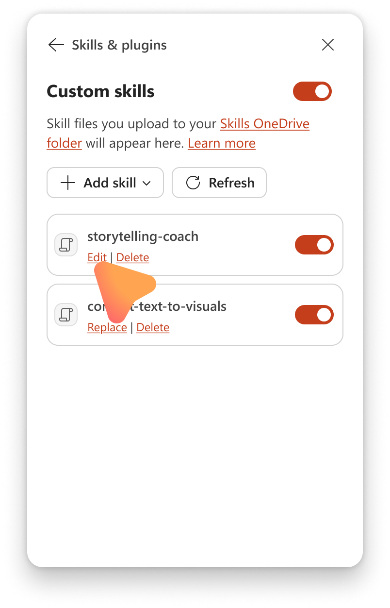 Screenshot that shows editing and deleting skills in the manage skills pane of Copilot in PowerPoint.