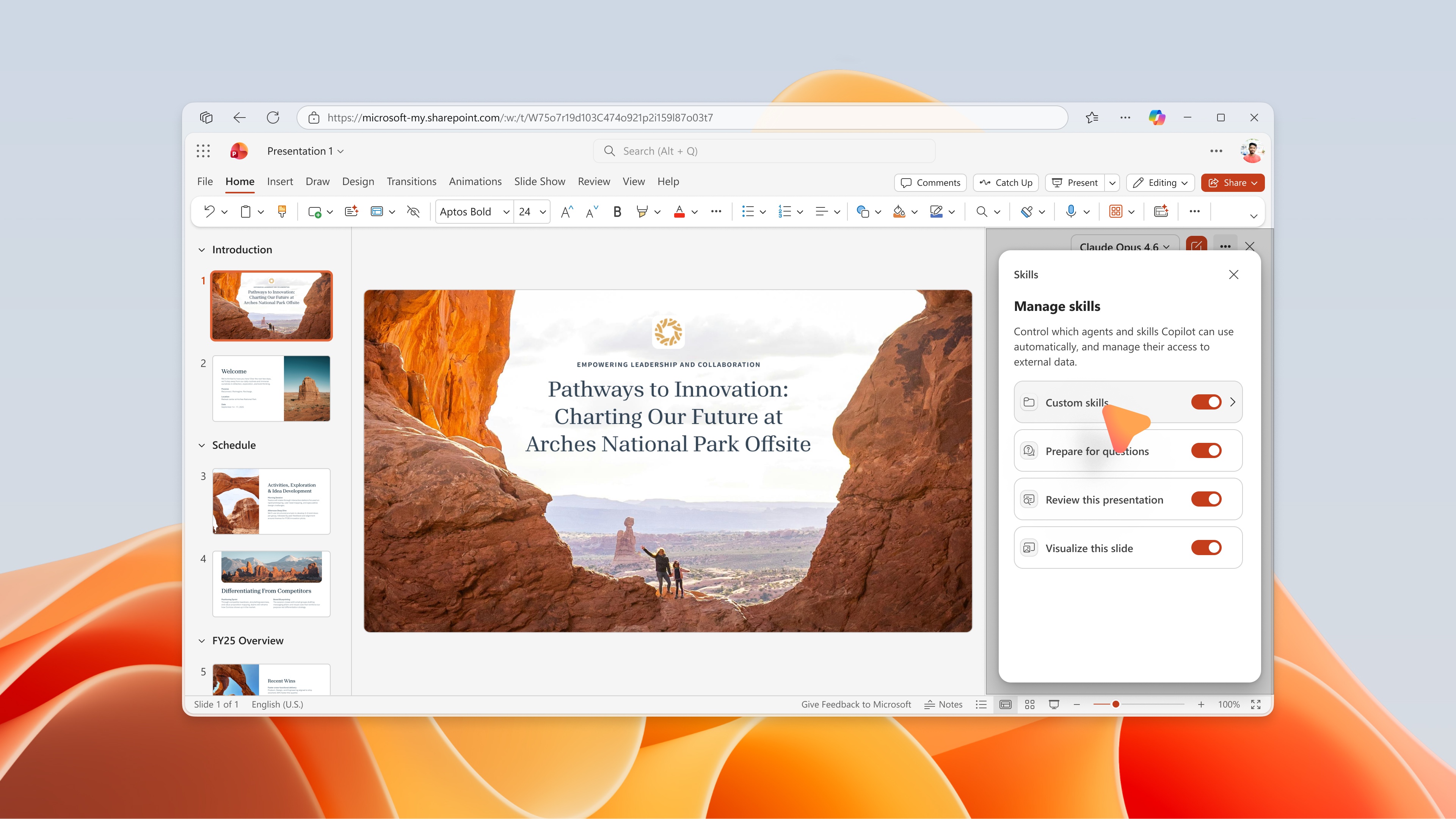 Screenshot that shows managing skills in PowerPoint Copilot.
