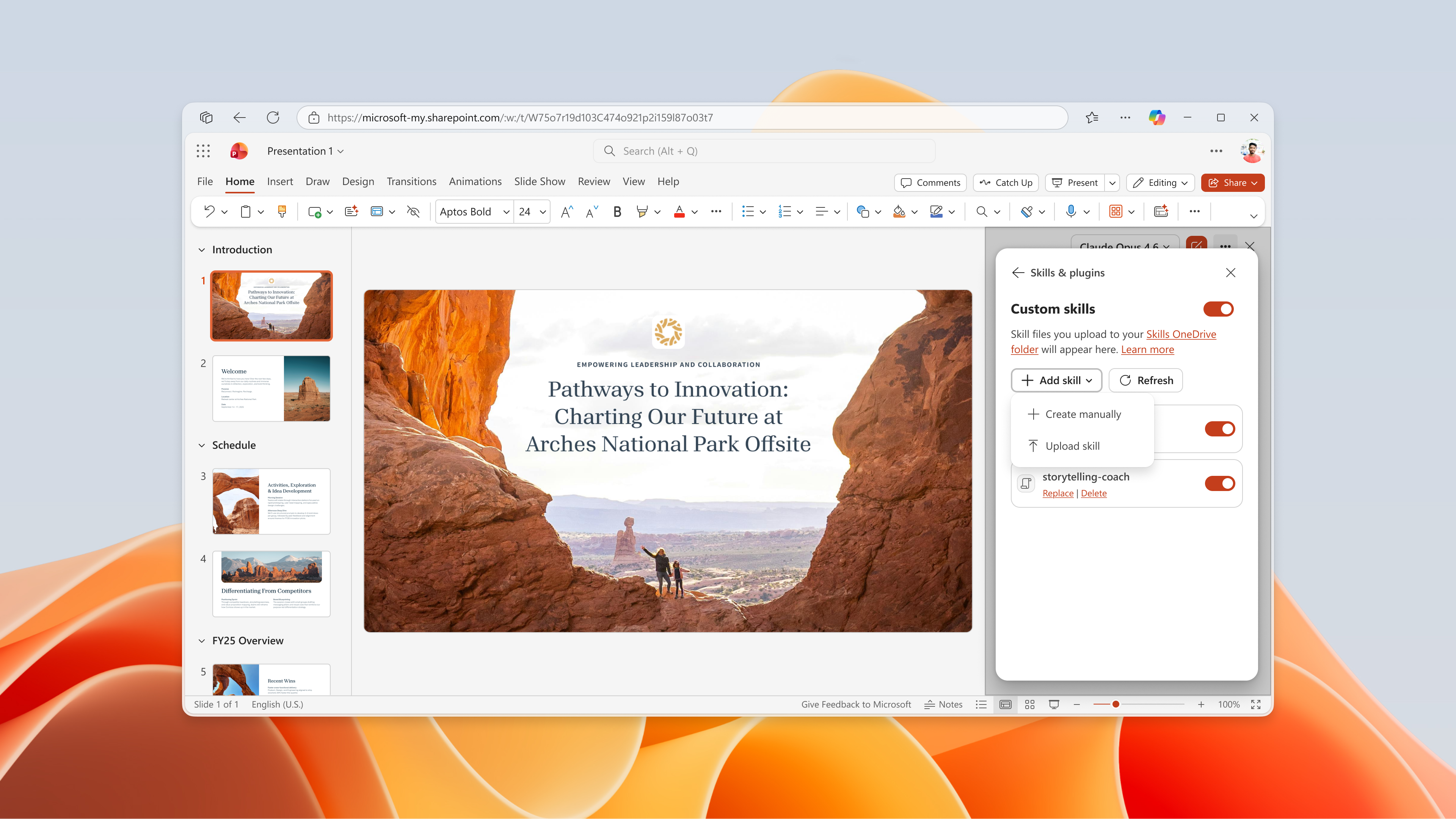 Screenshot that shows uploading and adding a skill in PowerPoint Copilot.