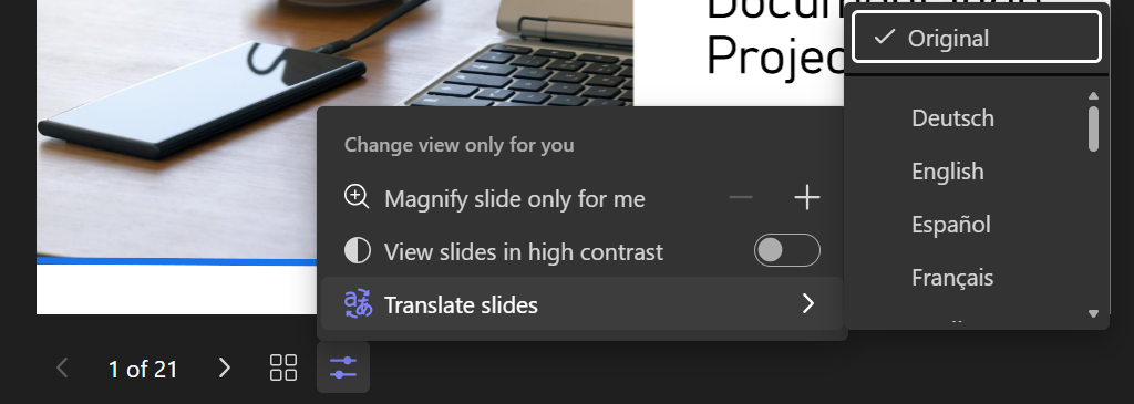 Screenshot of the Change view option in PowerPoint Live with Translate slides selected and a language list shown.
