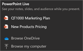 Screenshot of PowerPoint Live sharing menu showing file choices and Browse OneDrive and Browse my files.