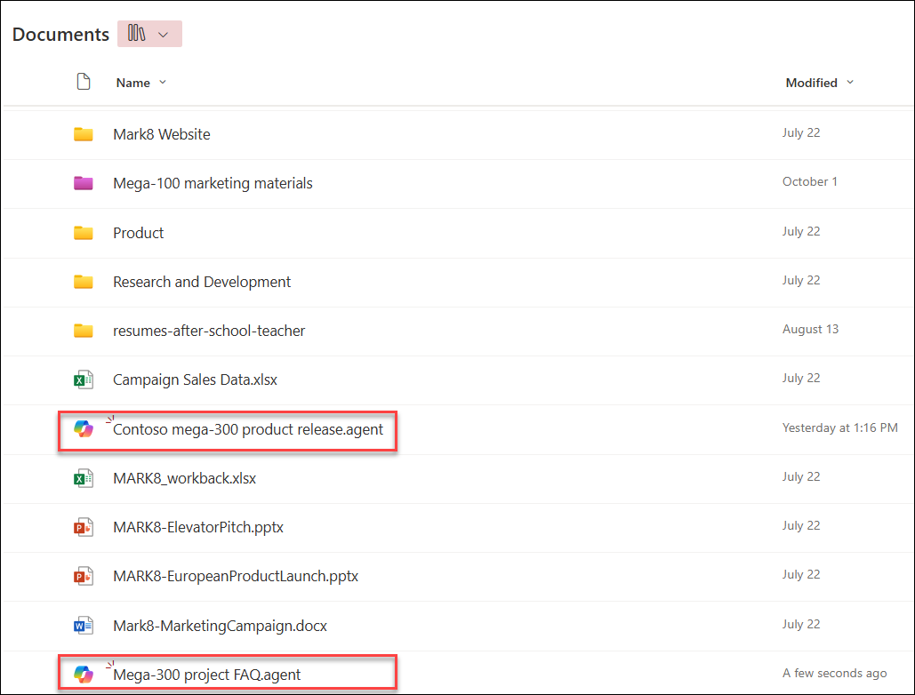 Screenshot of copilot agents saved to the current document library folder.