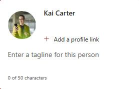 The image shows a Medium People Card which allows you to Add a profile link and Enter a tagline for this person. The tagline can be up to 50 characters.