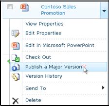 Document drop-down box in a SharePoint library. Publish a major version is highlighted.