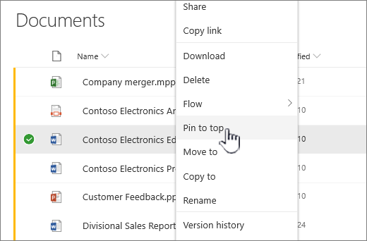 Click Pin to Top to highlight a document