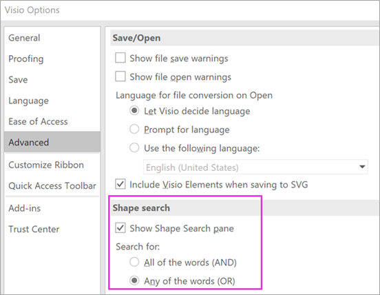 Visio Options Advanced Shape Search settings