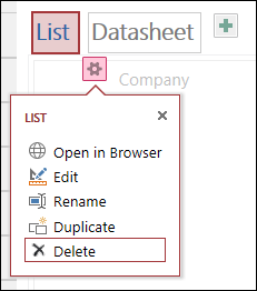 List view settings menu with Delete highlighted