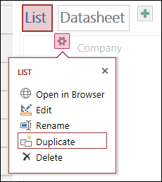 List view settings menu with Duplicate highlighted