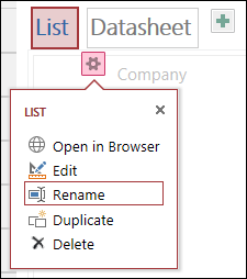 List view settings menu with Rename highlighted