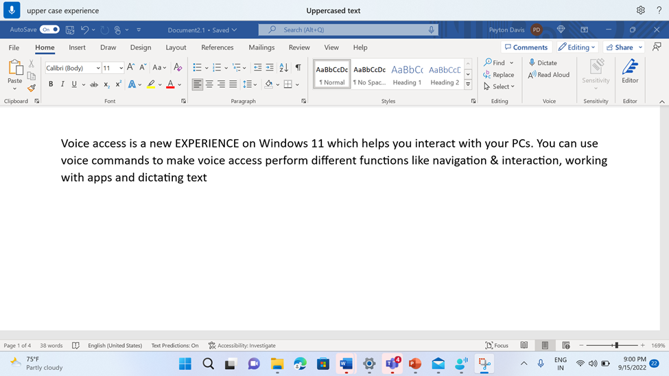 Word document showing the voice access command Uppercase.