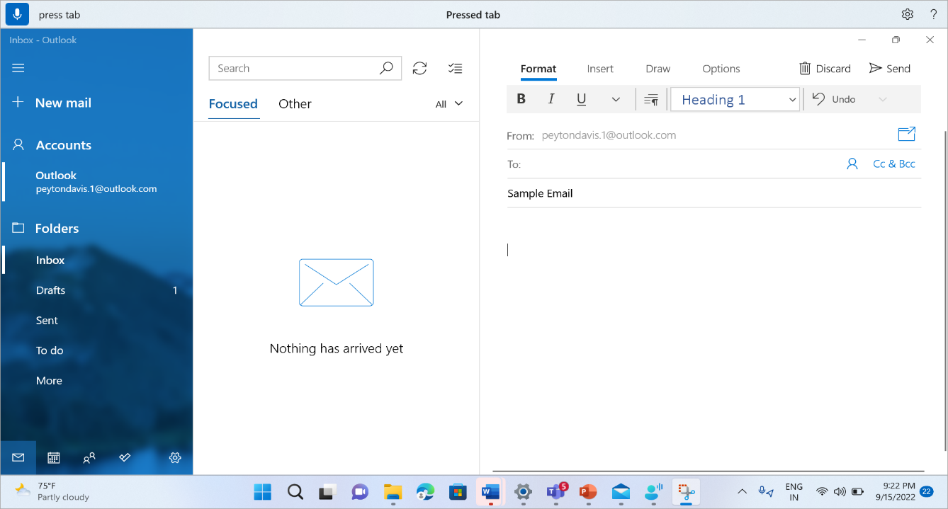 The compose mail window in Mail showing the voice access command Press Tab.