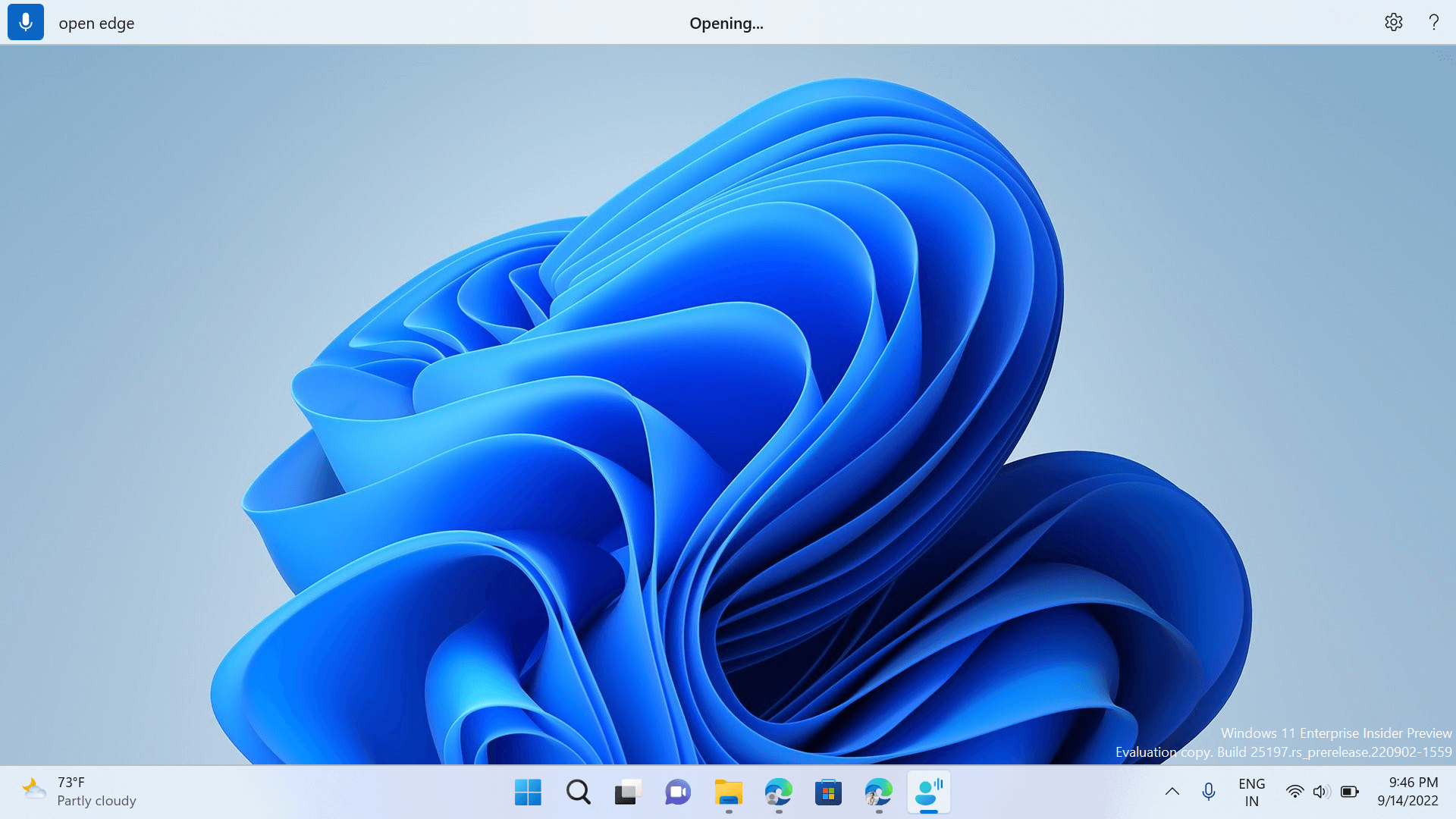 Voice access UI is in listening state, showing open edge as the real-time feedback and opening…. as the command execution status.