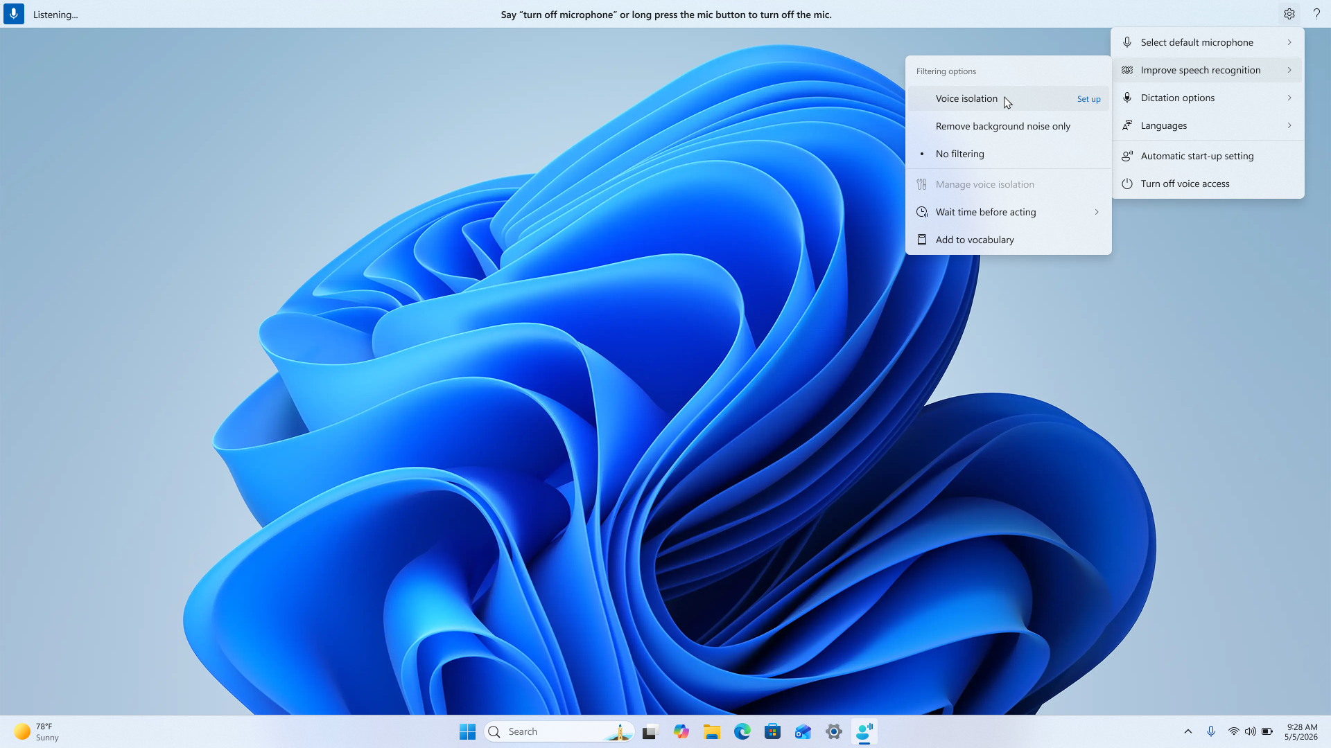 Screenshot showing showing various settings for voice isolation selection and voice recognition features on a computer.