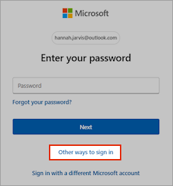 Screenshot of Microsoft account sign-in dialog with other ways to sign in link highlighted.