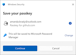 Screenshot showing the dialog offering the user to save their passkey for the Microsoft account tab.