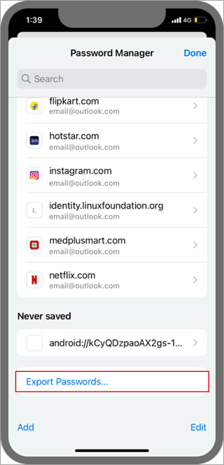Android Chrome Export passwords location.