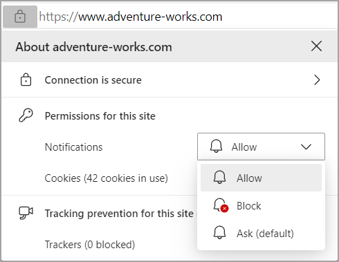 Image showing the Notifications permissions in Edges browser address bar.