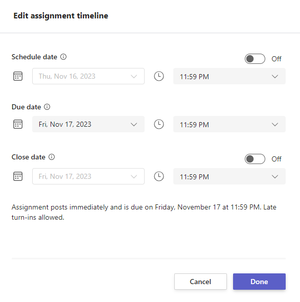 Screenshot that shows edit assignment timeline
