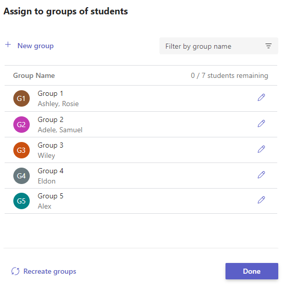 Screenshot of created groups.