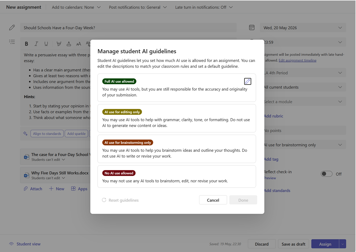 Screenshot of options for managing student ai guidelines.