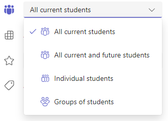 Screenshot of students and groups options.