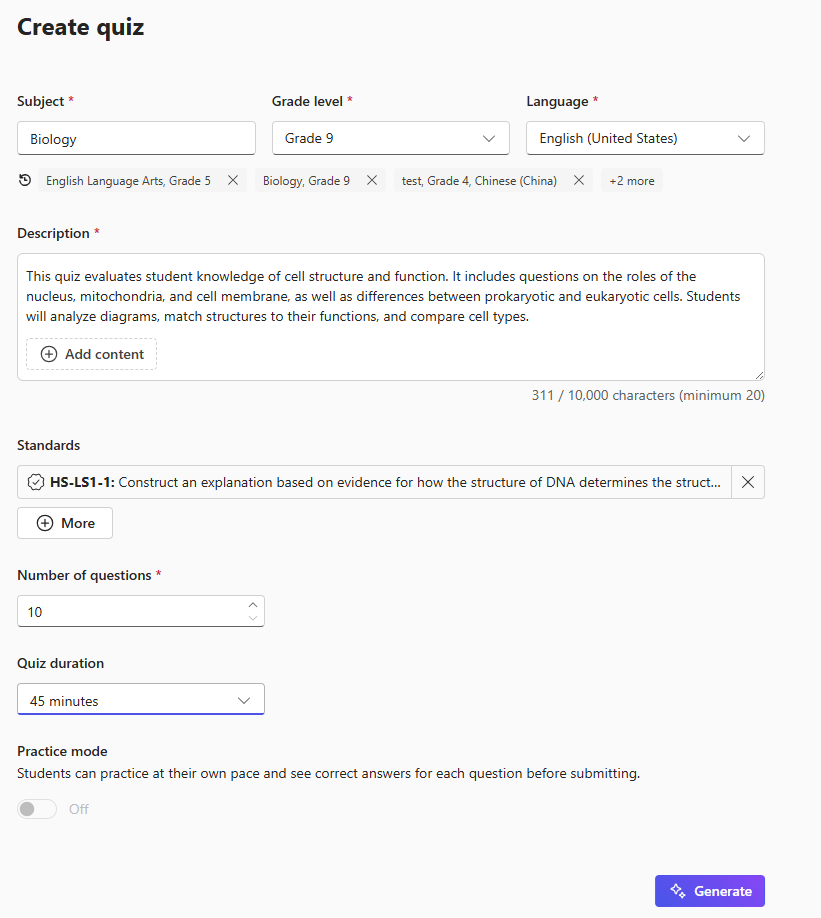 Screen titled Create quiz showing Subject set to Biology, Grade level set to Grade 9, Language set to English (United States), and a description about cell structure and function. A biology standard (HS-LS1-1) is selected, number of questions set to 10, quiz duration set to 45 minutes, Practice mode turned off, and a Generate button at the bottom right