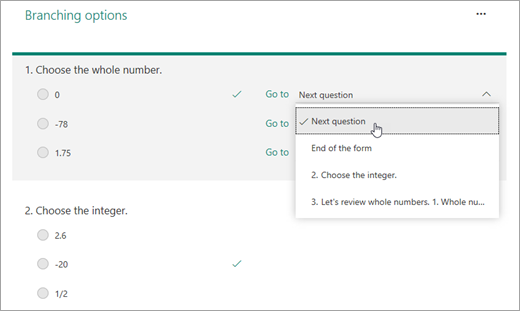 Screenshot of selecting a question to branch to.